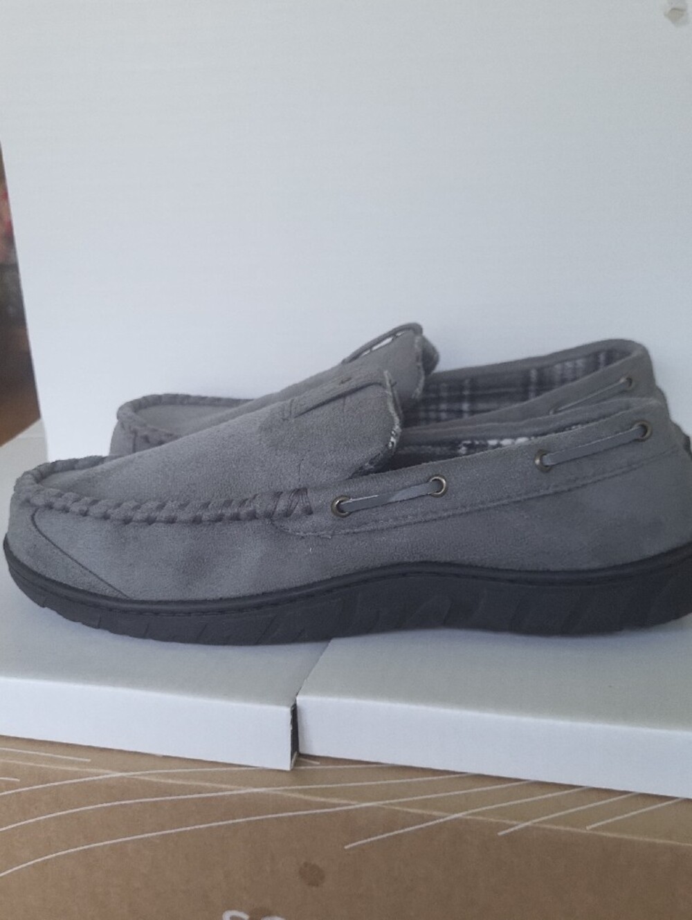 Signature by Levi Strauss Men's Gray Suede Slip-On Moccasins with Plaid Lining